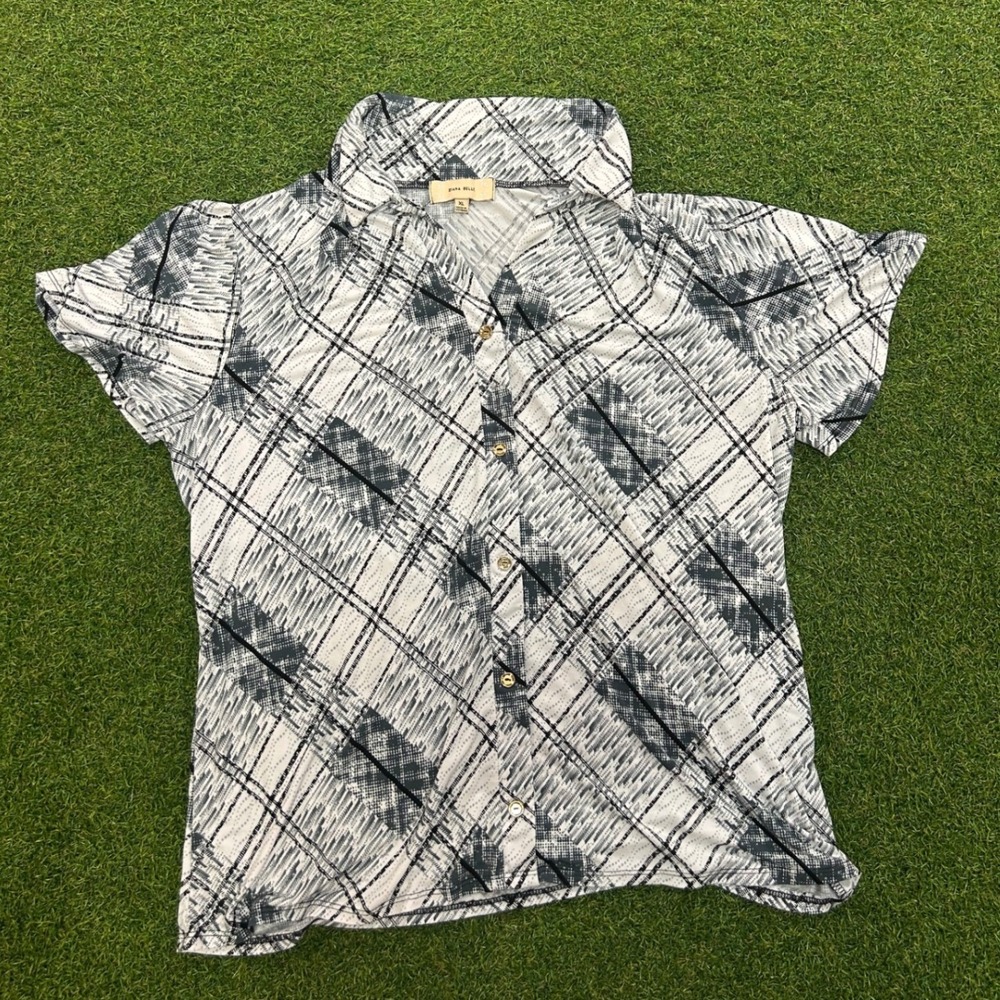 Diana Belle Womens XL Black White Abstract Plaid Button Down Short Sleeve Top